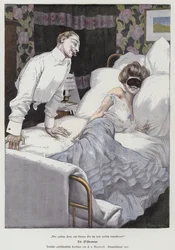 Mann spricht mit maskierter Frau im Bett, 1905